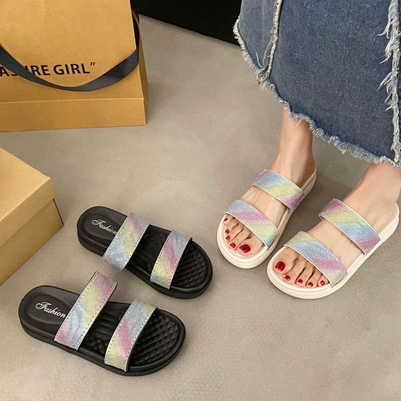 Women Fashion Multicolor Rhinestone Flat Slippers