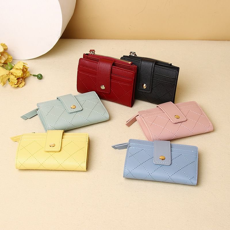 Women Fashion Solid Color Diamond Multi Card Mini Wallet