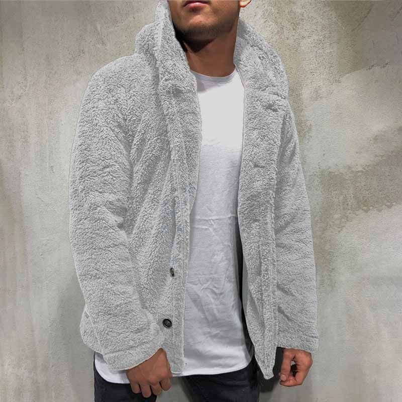 Men Autumn Winter Fashion Casual Solid Color Plush Long Sleeve Hooded Coat