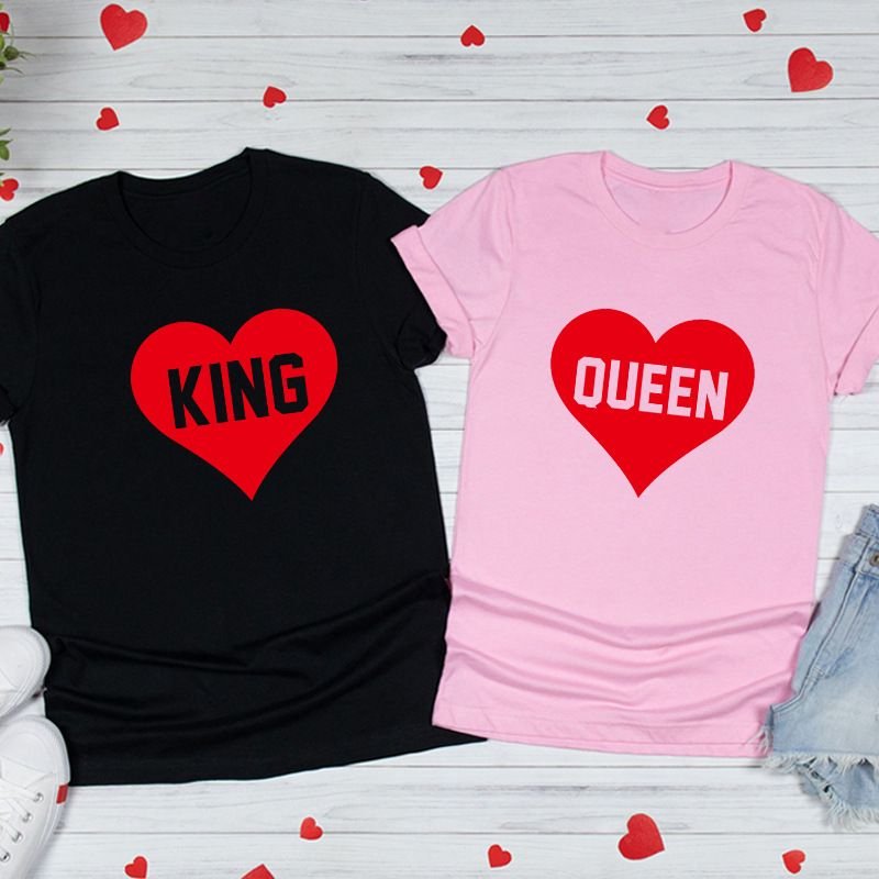 Valentine Day Heart Shape King Queen Letter Print Round Neck Short Sleeve Couple T-Shirt