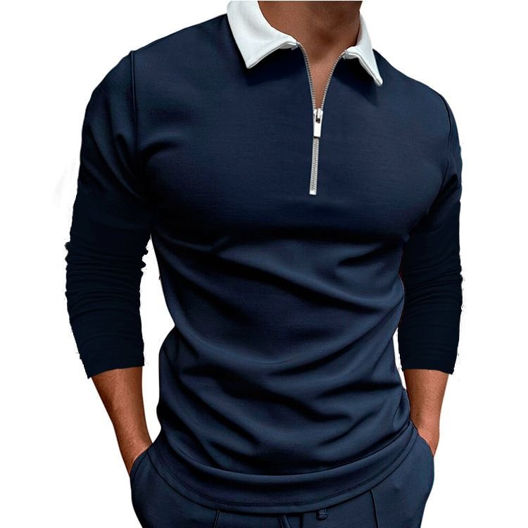 Men Fashion Casual Color Matching Long Sleeve Half Zipper Lapel POLO Shirt