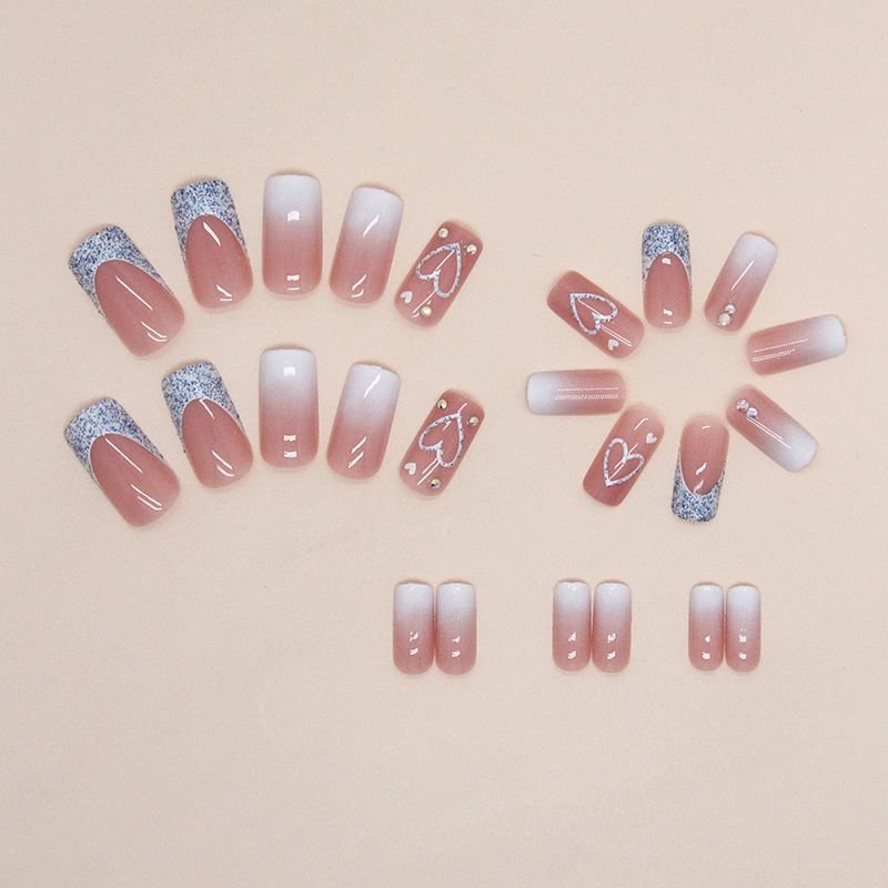 Mid-Length Square Shiny Glitter Nail Art Sweet Heart White Gradient French Fake Nail