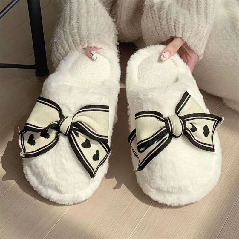 Autumn Winter Women Fashion Plus Size Plush Warm Bow Decorative Home Slippers