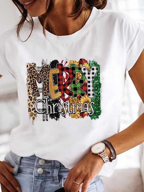 Women Happy Christmas Casual Short Sleeve Basic T-Shirt