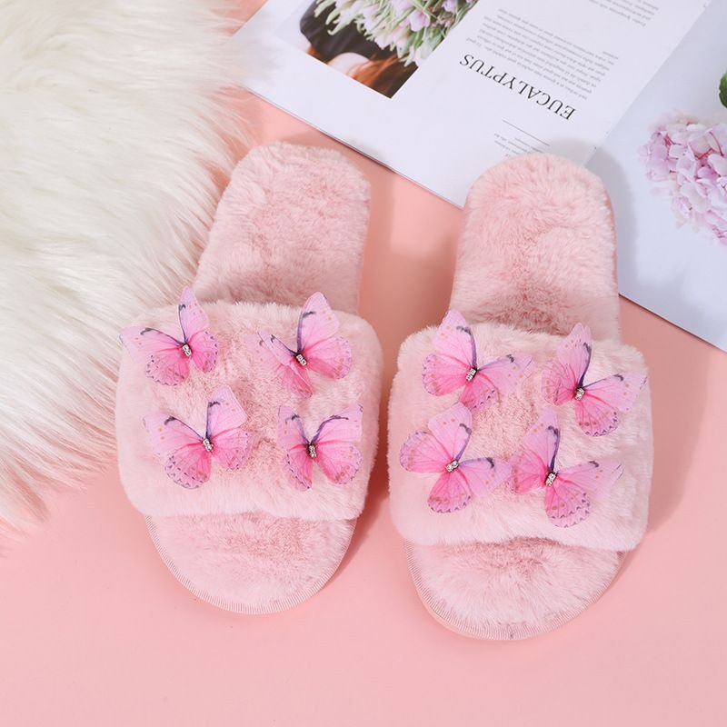 Autumn Winter Women Fashionable Plus Size Warm Plush Solid Butterfly Decorative Flat Home Slippers