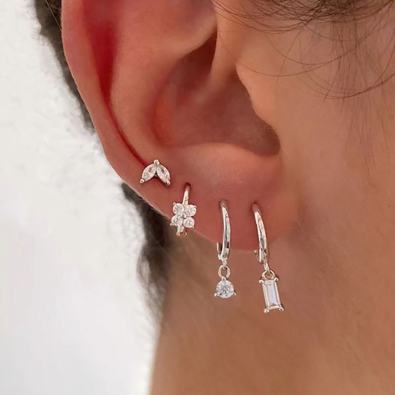 Women Fashion Geometric Micro-Inlaid Zircon Square Earrings 4Pcs-Set