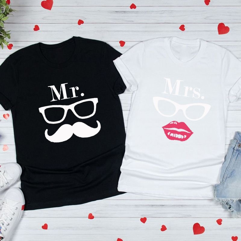 Valentine Day Cartoon Creative Glasses Bow Beard Printed Round Neck Short Sleeve Couple T-Shirt