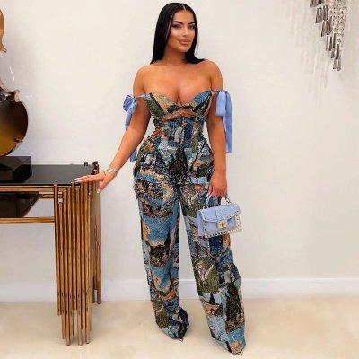 Women Fashion Oil Painting Pattern Print Strap Top And Drawstring Multi-Pocket Pants Two-Piece Set