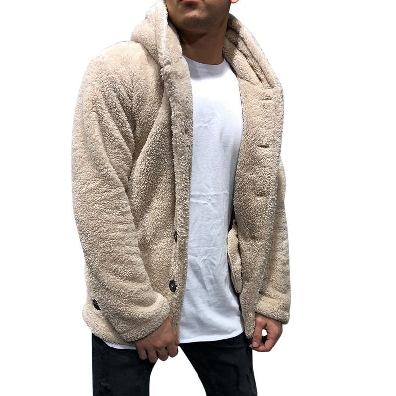 Men Autumn Winter Fashion Casual Solid Color Plush Long Sleeve Hooded Coat