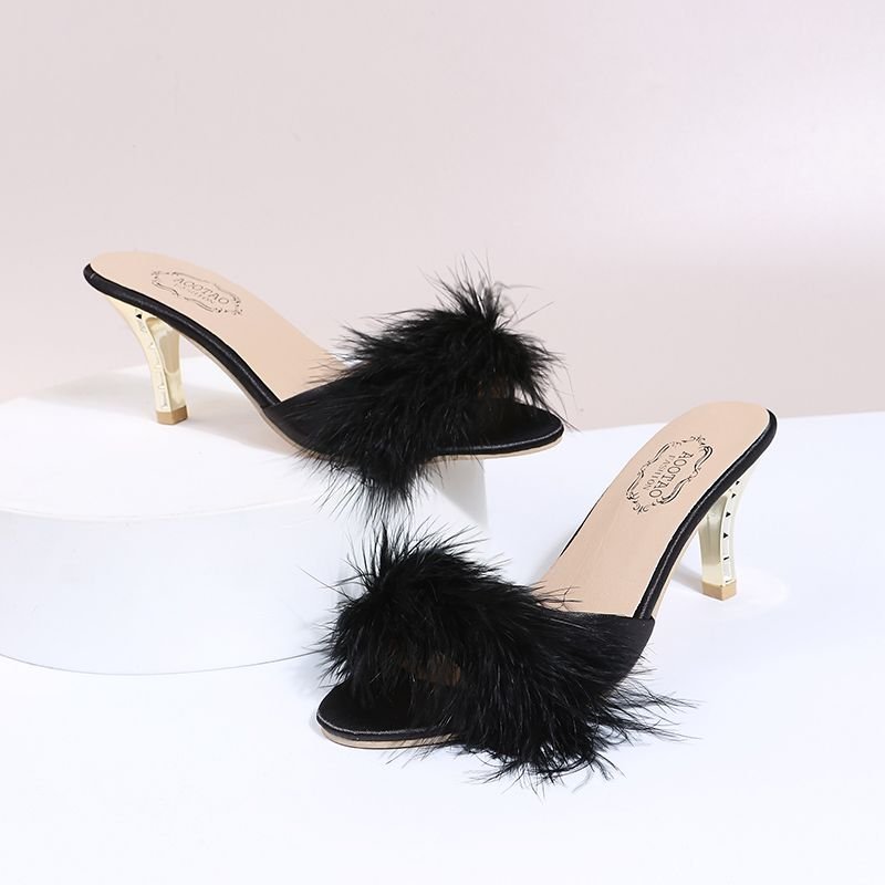 Women Fashion Sexy Plush Decorative Round Toe High Heel Slippers