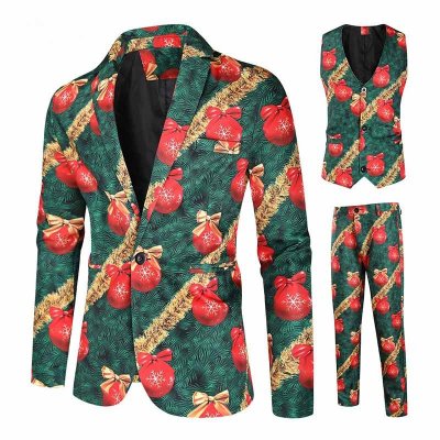 Men Fashion Casual Party Christmas Print Plus Size Vest Long Sleeve Lapel Suit Trousers Three-Piece Set