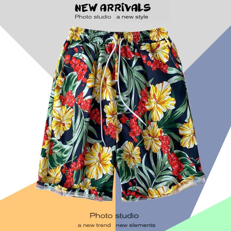 Men Casual Color Blocking Floral Printed Drawstring Beach Shorts