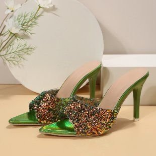 Summer Women Fashion Plus Size Sequin Pointed Toe High Heel Slippers