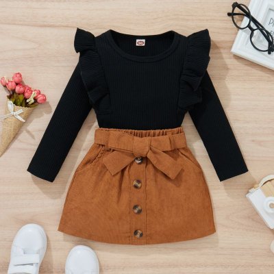 Kids Toddler Girls Spring Autumn Casual Cute Solid Color Rib-Knit Long Sleeve Top Skirt Sets