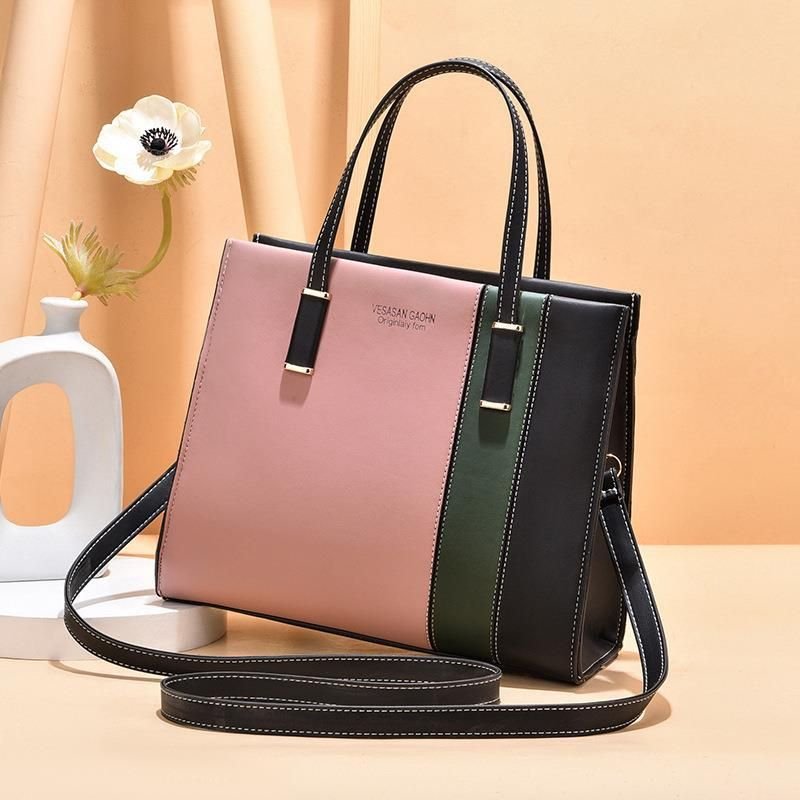 Women Fashion Color Block Large Capacity PU Handbag