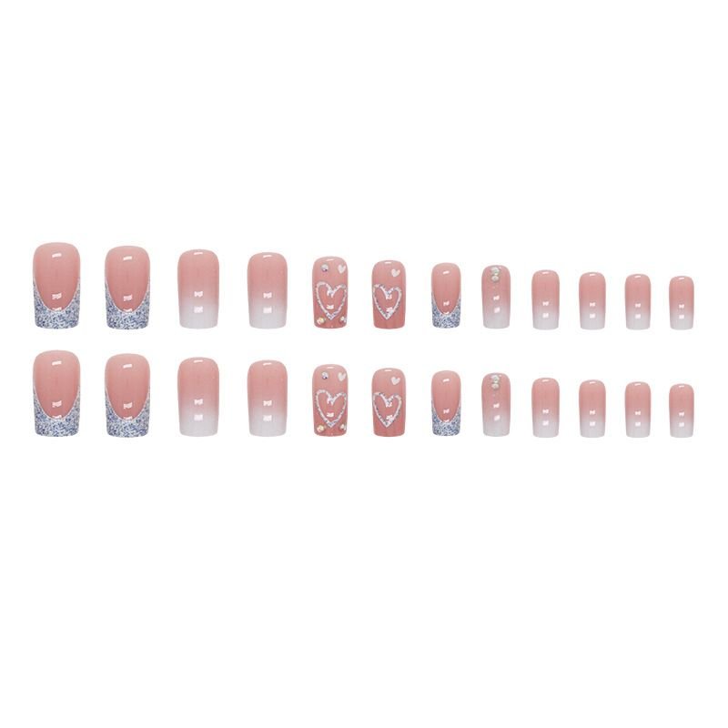 Mid-Length Square Shiny Glitter Nail Art Sweet Heart White Gradient French Fake Nail