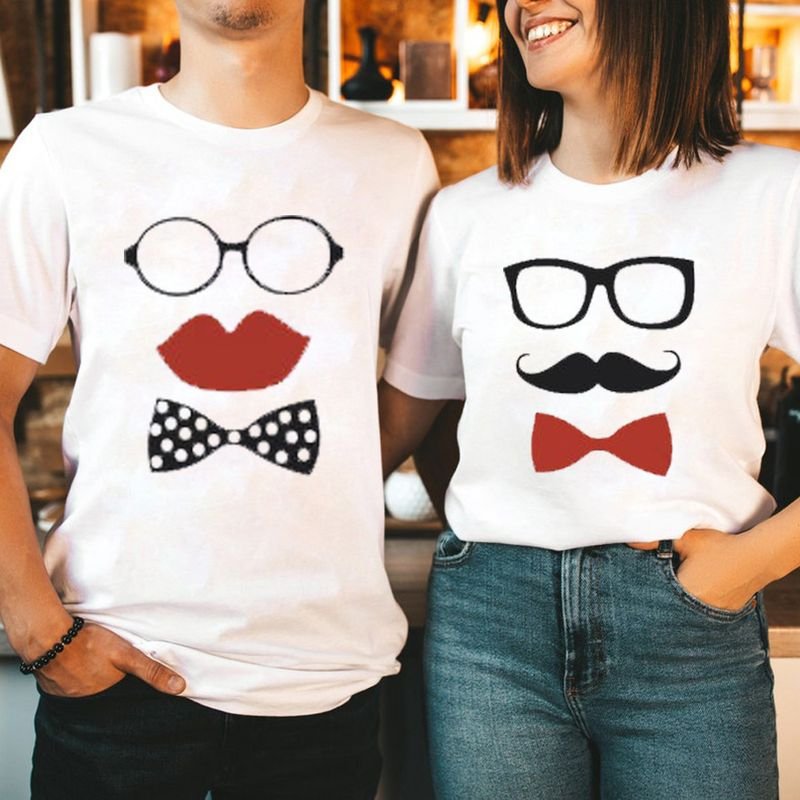 Valentine Day Cartoon Creative Glasses Bow Beard Printed Round Neck Short Sleeve Couple T-Shirt