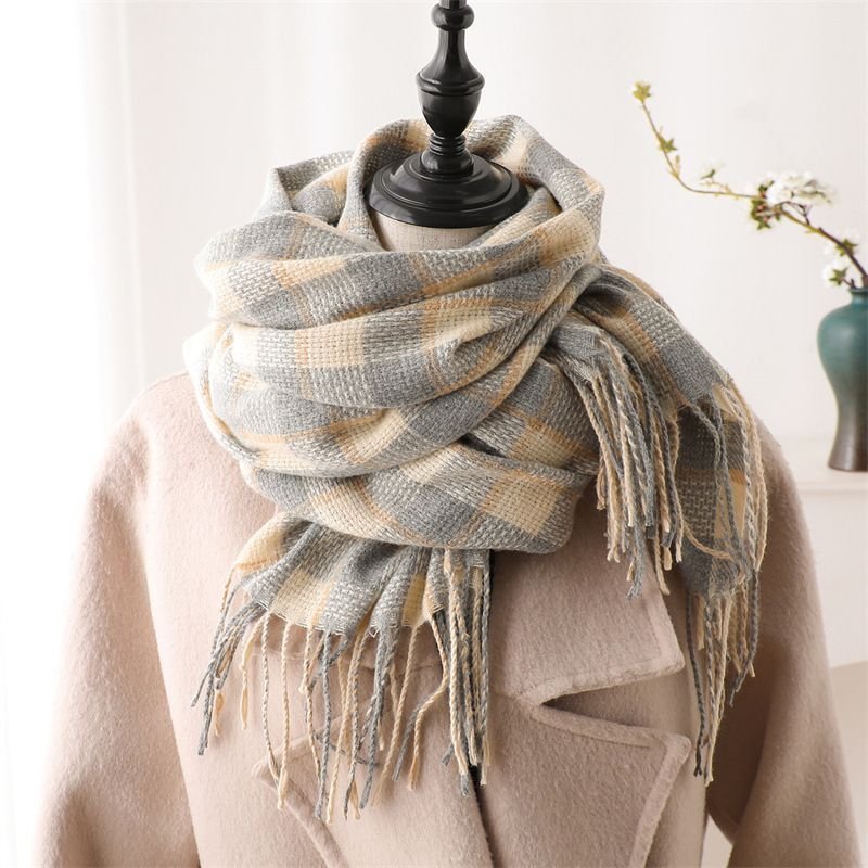 Autumn Winter Women Fashion Plaid Tassel Imitation Cashmere Warm Scarf