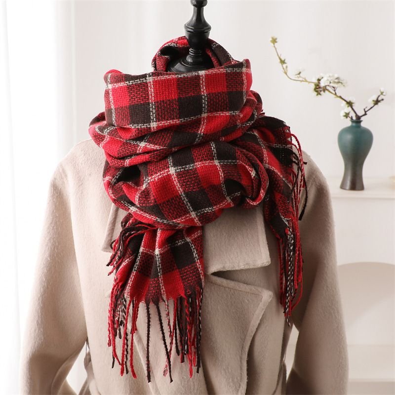 Autumn Winter Women Fashion Plaid Tassel Imitation Cashmere Warm Scarf