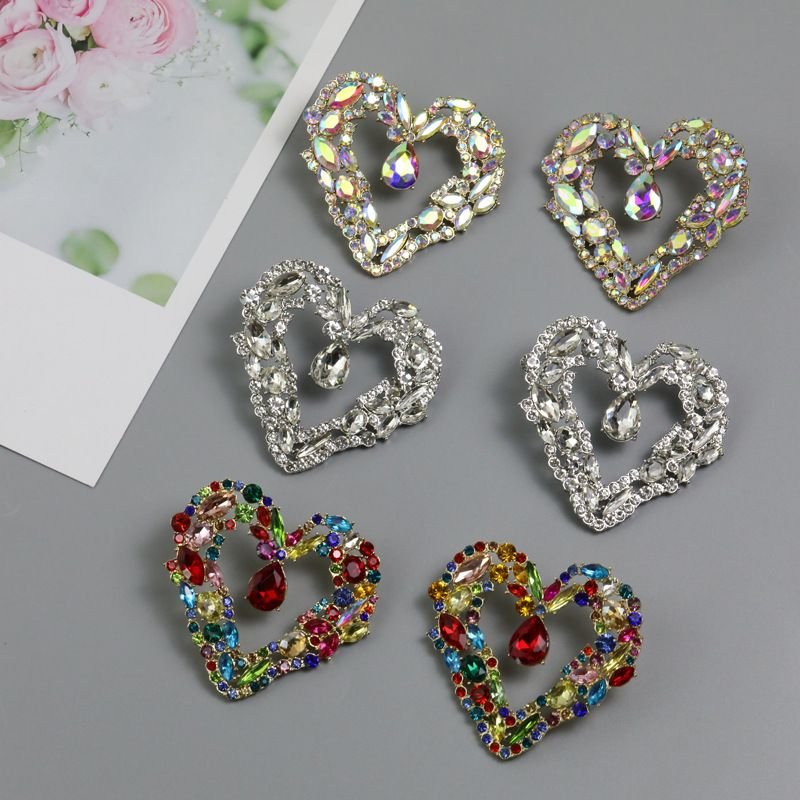 Women Fashion Heart Shaped Rhinestone Hollow Earrings