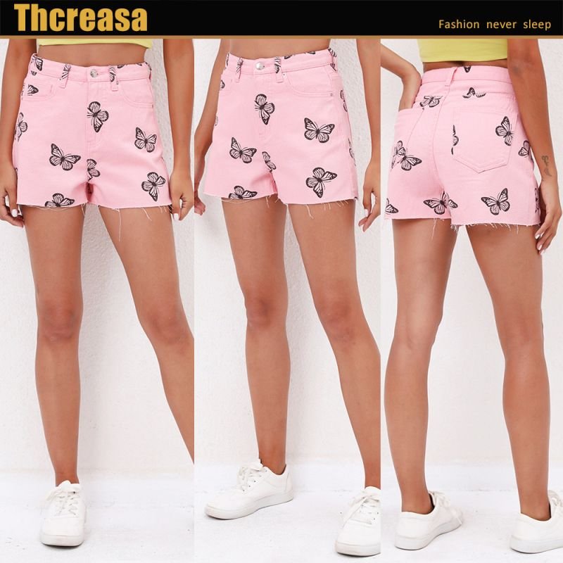 Women Fashion Casual Butterfly Printing High Waist Denim Shorts