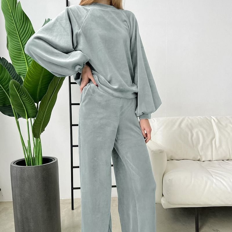 Autumn Winter Women Fashion Loose Round Neck Long Sleeve Warm Home Pajamas Set