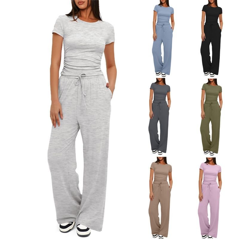 Women Casual Solid Color Short-Sleeved Top High Waist Wide-Leg Trousers Sportswear Set