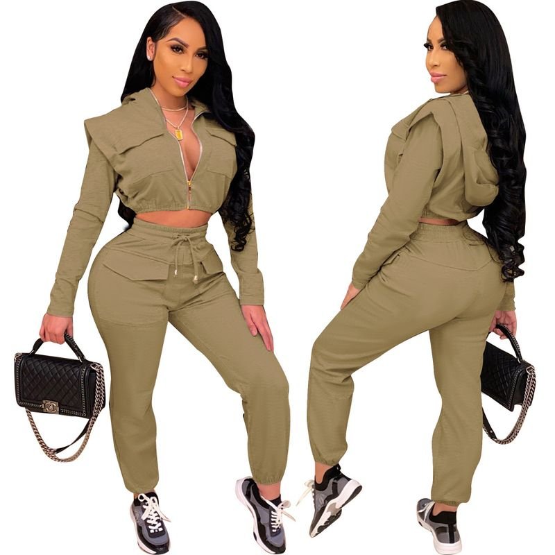 Women Sexy Zipper Slim Hoodie Crop Top Fashion Pants Two-Piece Set