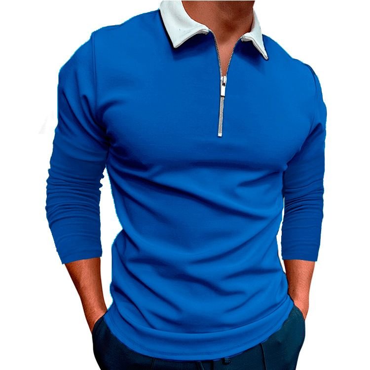 Men Fashion Casual Color Matching Long Sleeve Half Zipper Lapel POLO Shirt