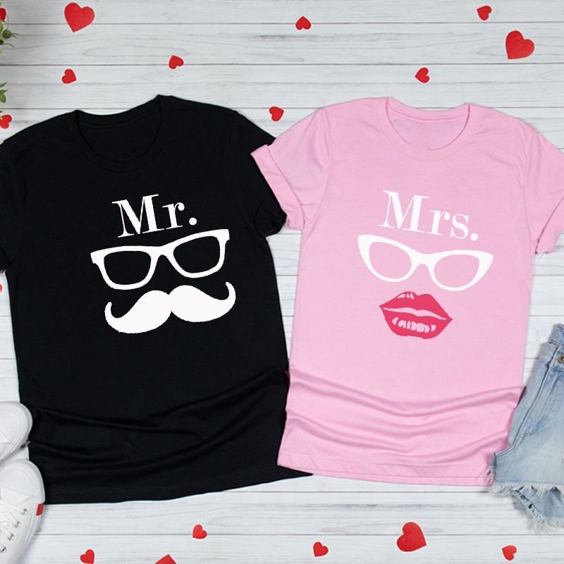 Valentine Day Cartoon Creative Glasses Bow Beard Printed Round Neck Short Sleeve Couple T-Shirt