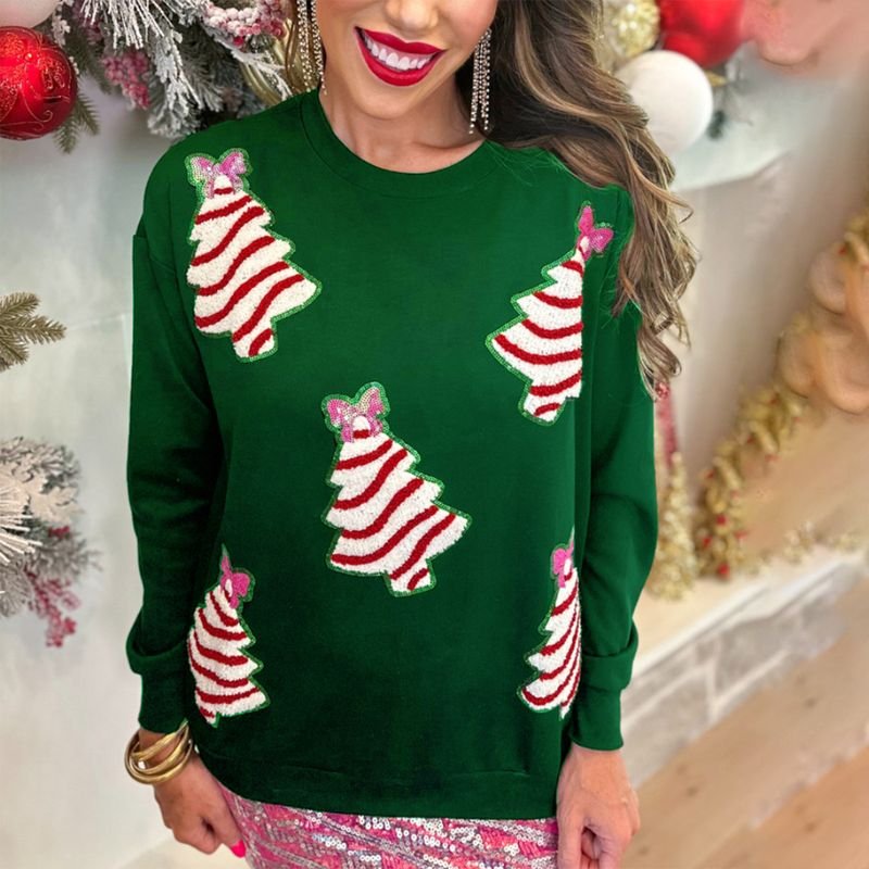 Women Fashion Christmas Tree Decorative Sequin Round Neck Long Sleeve Sweatshirt