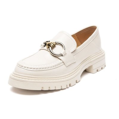 Women Vintage Metal Ring Decorative Solid Color Platform Genuine Leather Loafers