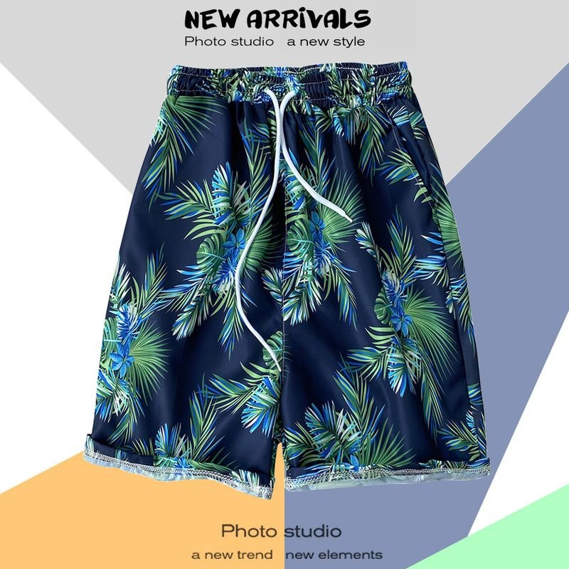 Men Casual Color Blocking Floral Printed Drawstring Beach Shorts