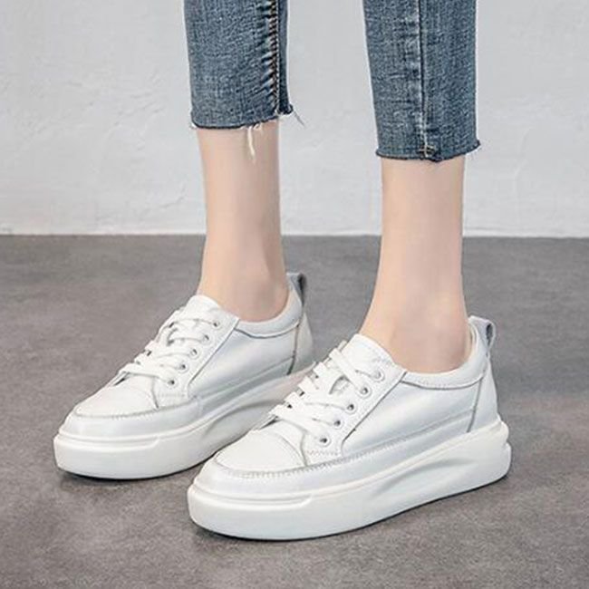 Size:4.5-8 Women Leisure Breathable Leather Upper Platform Sneakers Shoes