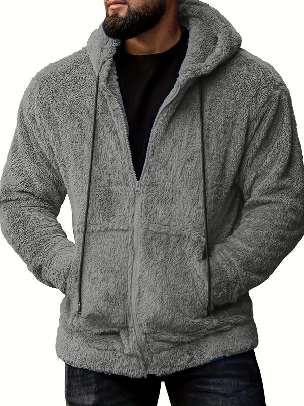 Men Autumn Winter Fashion Casual Solid Color Plush Long Sleeve Hooded Coat