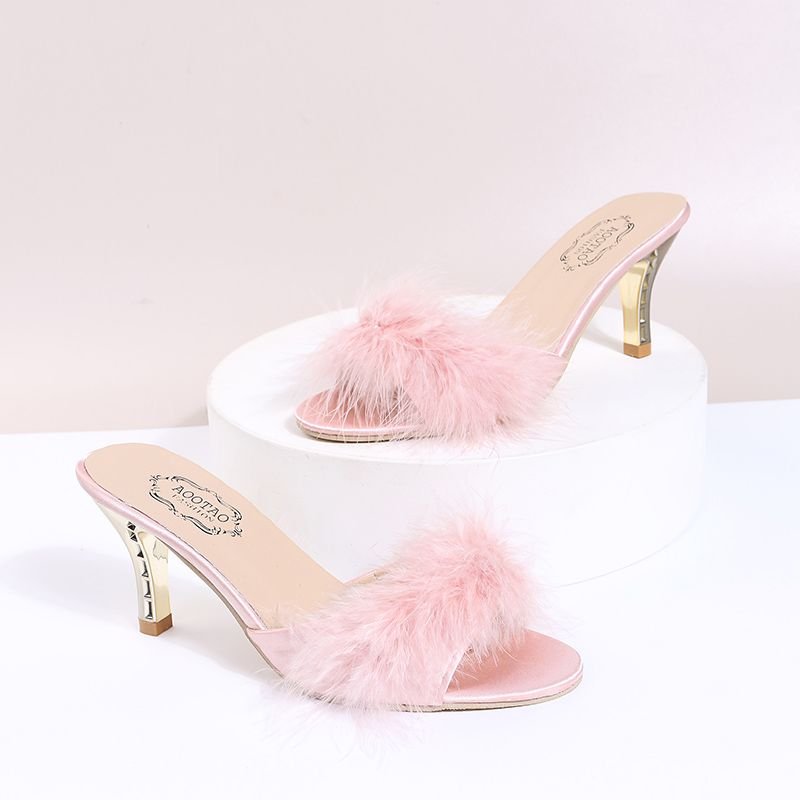 Women Fashion Sexy Plush Decorative Round Toe High Heel Slippers