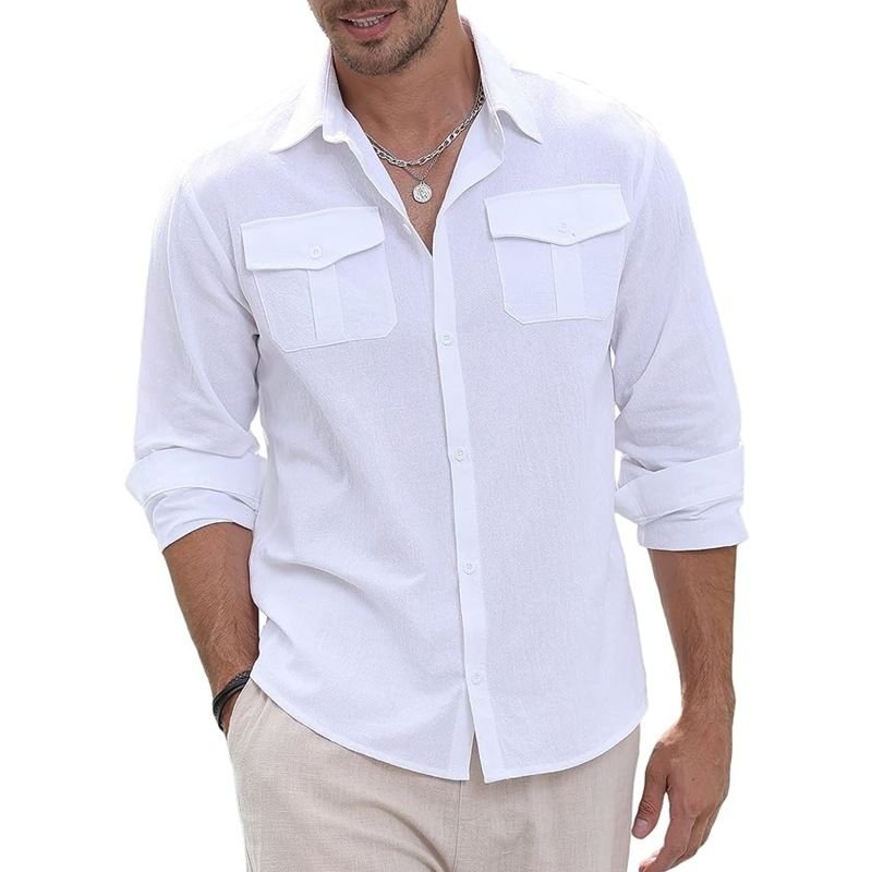 Men Fashion Casual Basic Solid Color Long Sleeve Lapel Shirt