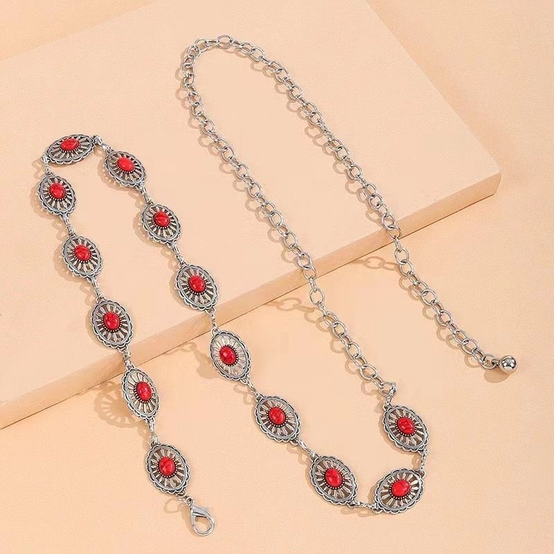 Women Fashion Vintage Metal Inlay Turquoise Waist Chain