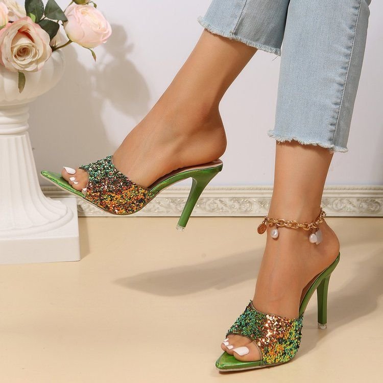 Summer Women Fashion Plus Size Sequin Pointed Toe High Heel Slippers