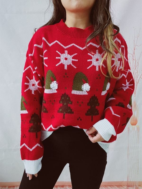 Women Fashion Christmas Tree Christmas Hat Crewneck Long Sleeve Knitted Sweater