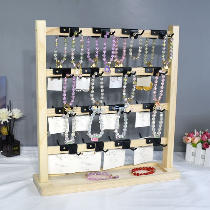 Simple Four-Layer Solid Wood Hook Jewelry Display Stand