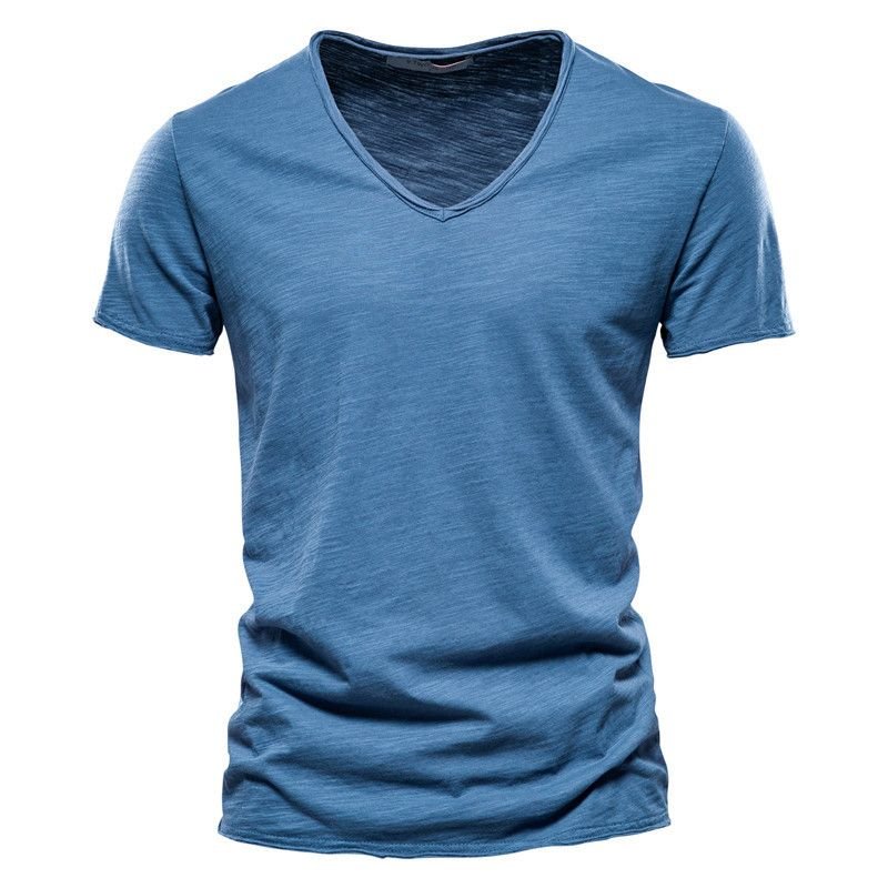 Summer Men Solid Color 100% Cotton V Neck Short-Sleeved Custom T-Shirt