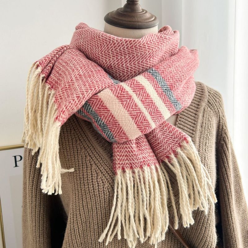 Autumn Winter Women Fashion Thickened Warm Tassel Stripe Cashmere Scarf