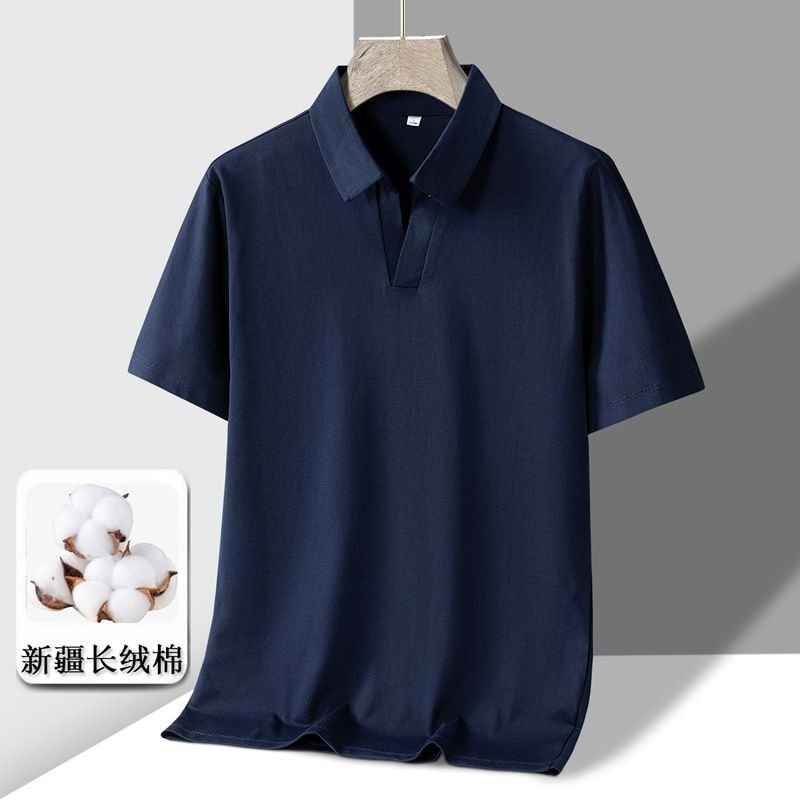 Men Business Solid Color Cotton V-Neck Polo Shirt Summer Lapel Short-Sleeved Top Custom