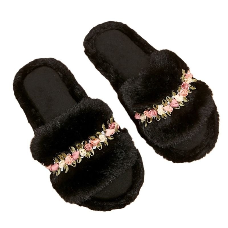 Autumn Winter Women Fashionable Plus Size Floral Decorative Plush Round Toe Flat Slippers