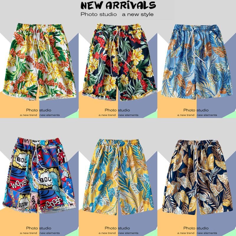 Men Casual Color Blocking Floral Printed Drawstring Beach Shorts