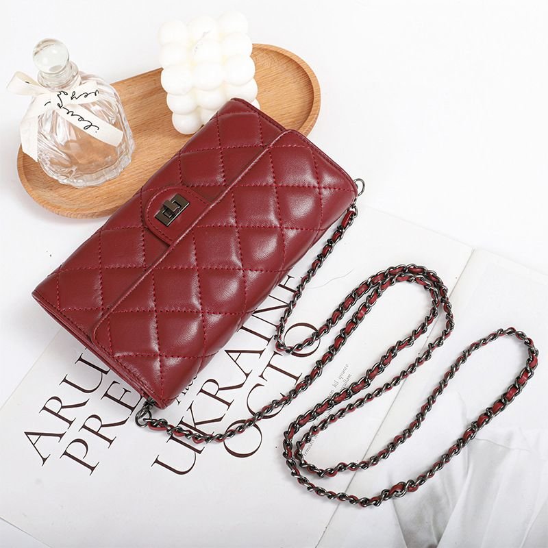 Women Fashion Solid Color Diamond Embroidery Flap Lock Leather Crossbody Bag