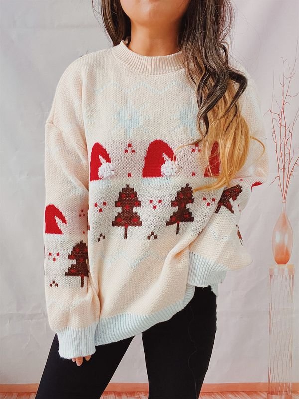 Women Fashion Christmas Tree Christmas Hat Crewneck Long Sleeve Knitted Sweater