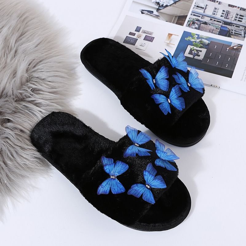 Autumn Winter Women Fashionable Plus Size Warm Plush Solid Butterfly Decorative Flat Home Slippers