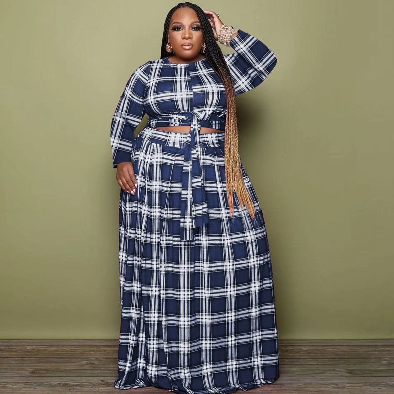 Women Fashion Casual Plus Size Plaid Print Lace-Up Long Sleeve Top Loose Skirt Two-Piece Set